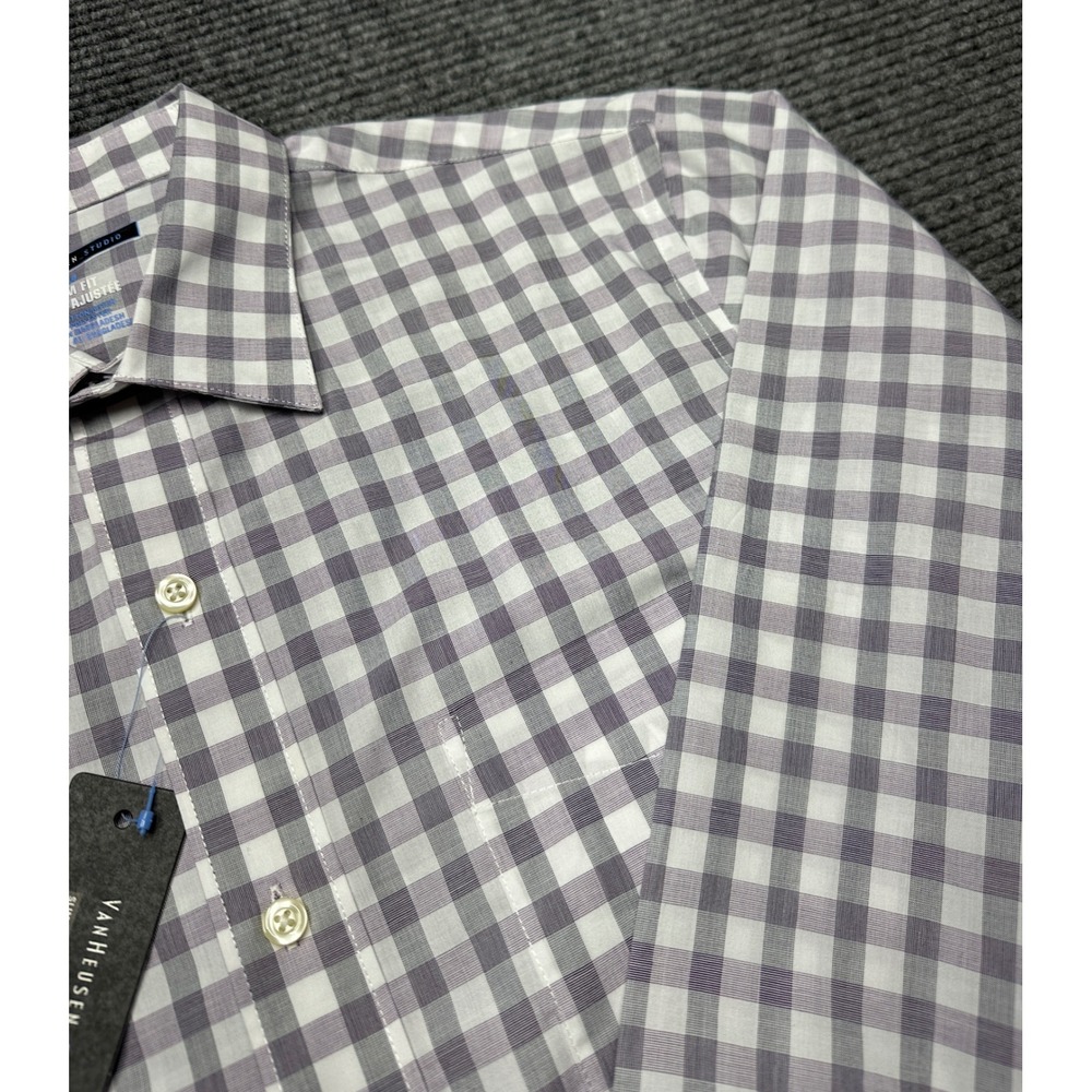 Van Heusen Button Down Shirt Mens Medium Purple Gingham Slim‎ Fit Long Sleeve
